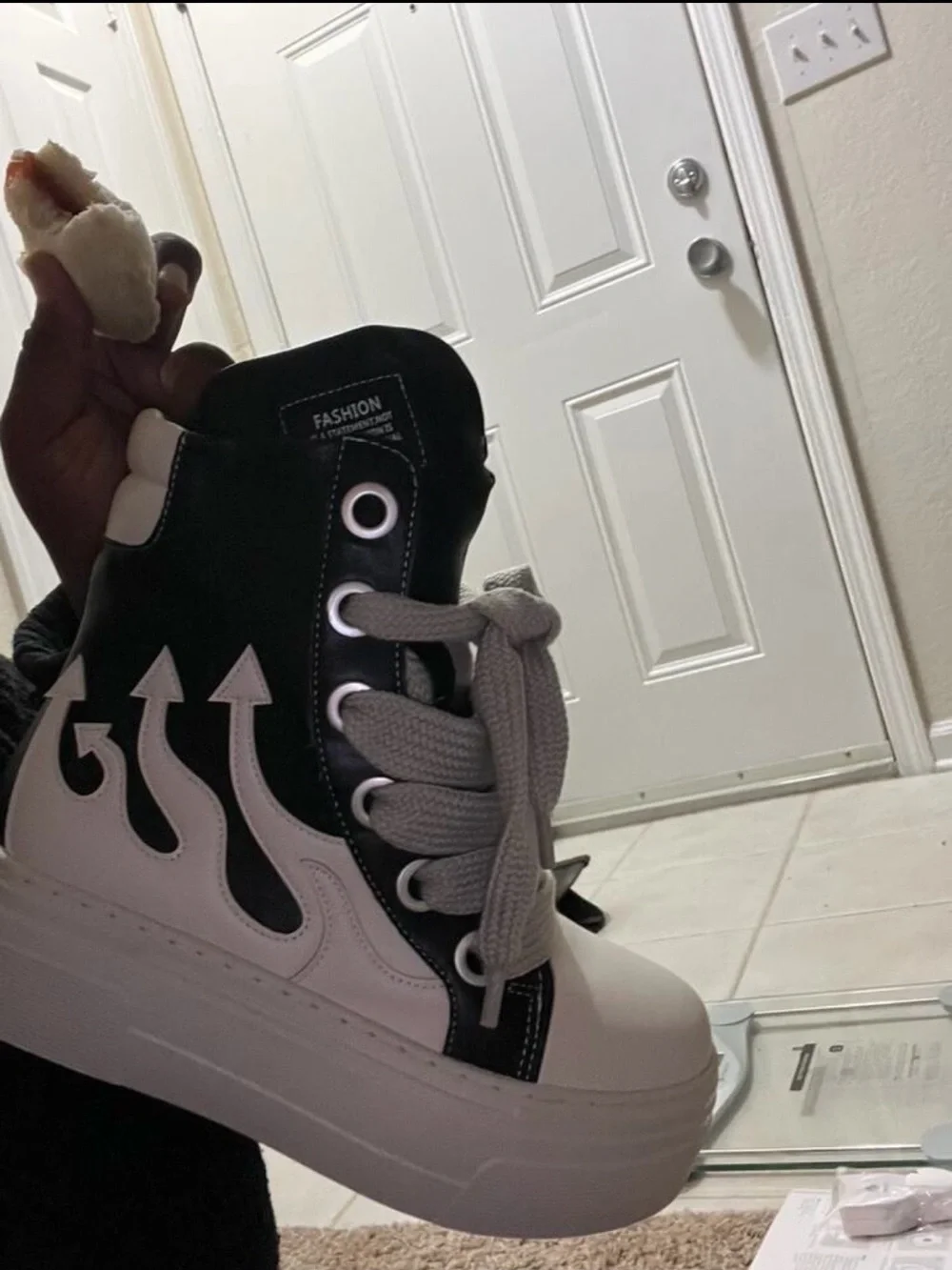 Black & Cream Platform High-Top Sneakers with Flame Detail